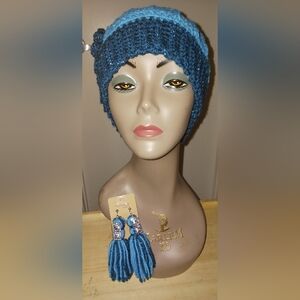 Blue Crochet Beanie and Earring Set